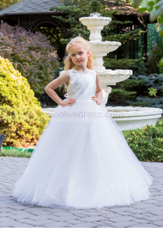 Pearls Beaded White Satin Tulle V Back Chic Flower Girl Dress